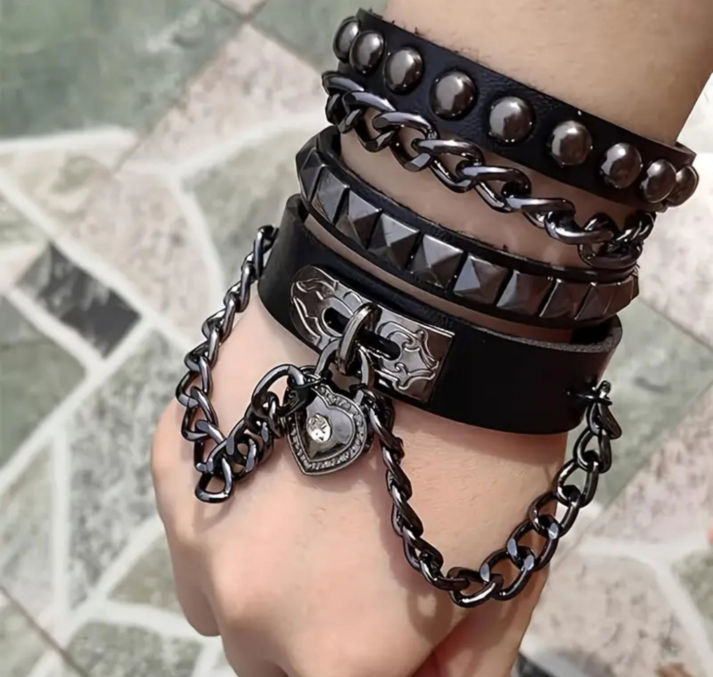 Heart Leather Chain Bracelet - Punk Goth Rock and Roll Wristband for Men and Women