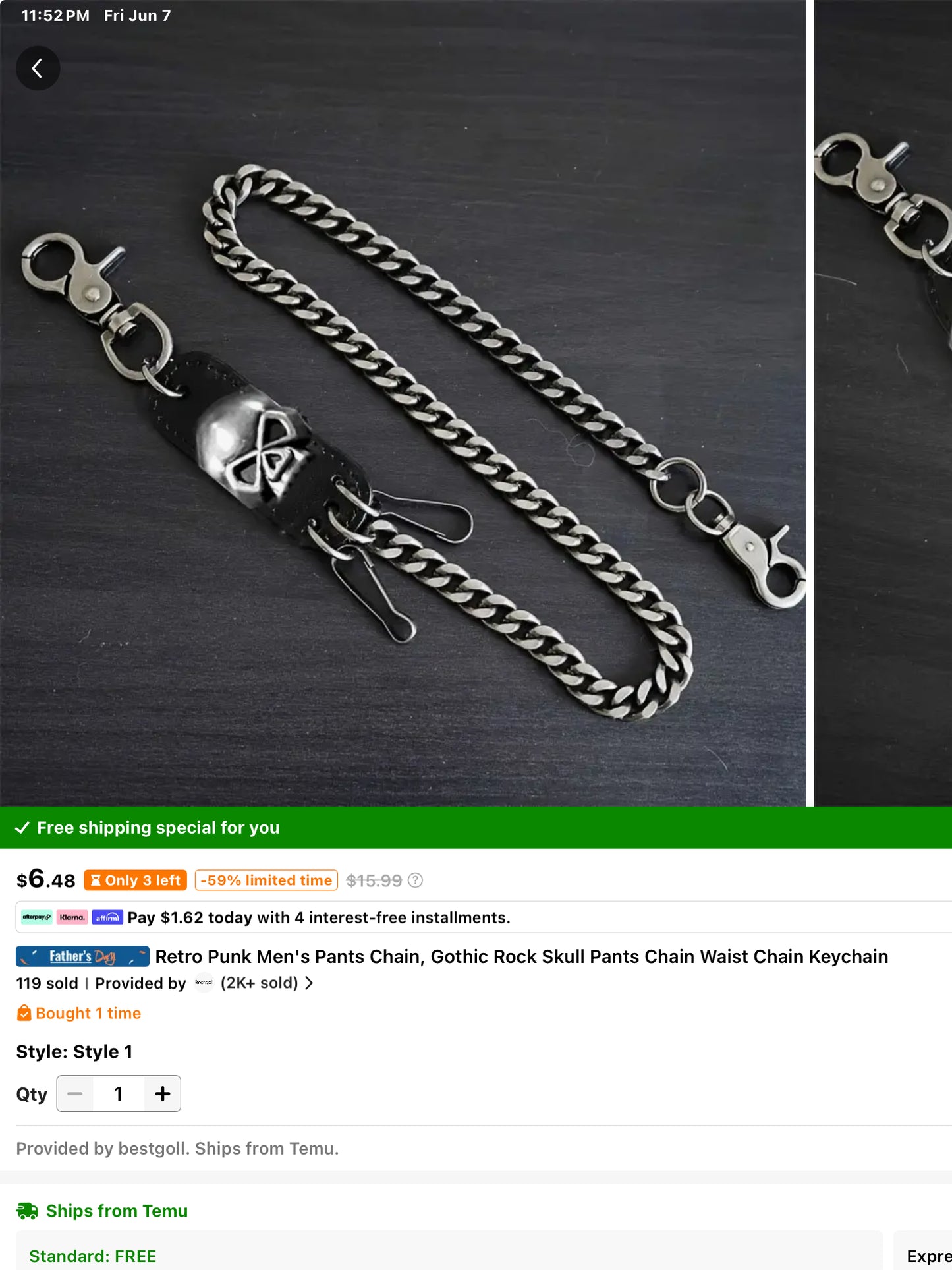 Retro Punk Men's Pants Chain, Gothic Rock Skull Pants Chain Waist Chain Keychain6.48